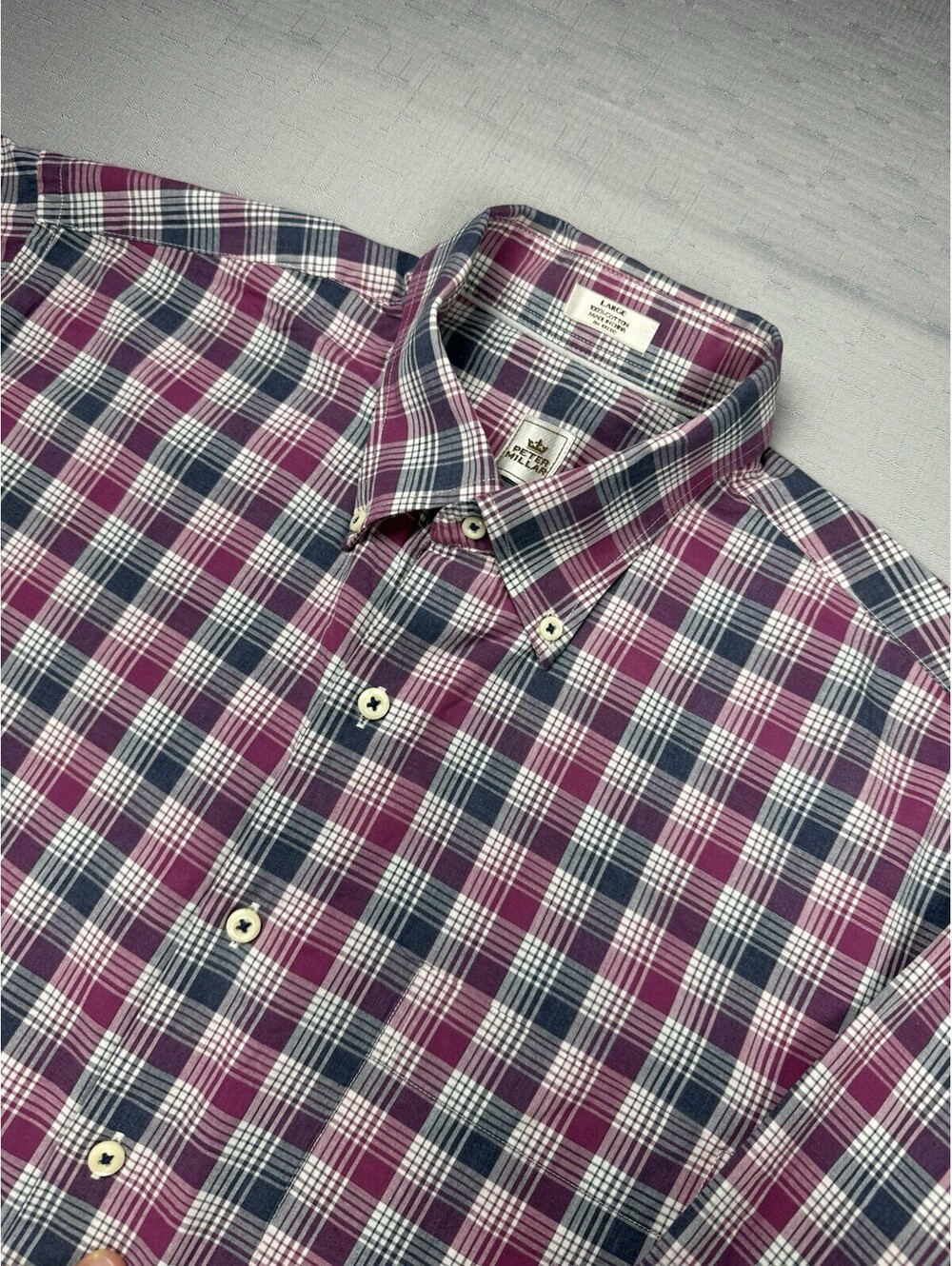 Peter‎ Millar Mens Large Plaid Button Down Shirt Purple Blue White 100% Cotton